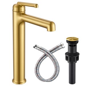 1-1 Wowkk Brushed Gold Bathroom Faucets 9.84" High Spout Tall Basin Faucet, Single Handle Bathroom Sink Faucet with Pop Up Drain and Faucet Supply Lines