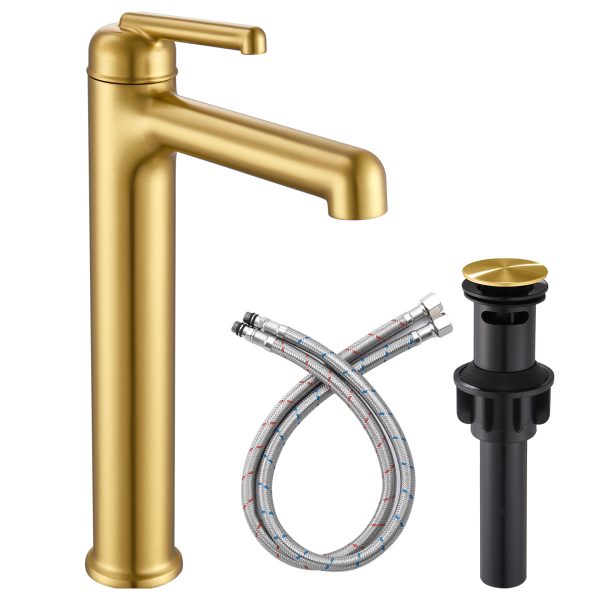 1-1 Wowkk Brushed Gold Bathroom Faucets 9.84" High Spout Tall Basin Faucet, Single Handle Bathroom Sink Faucet with Pop Up Drain and Faucet Supply Lines