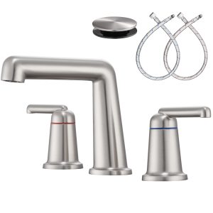 1-1 Wowkk 3 Hole Bathroom Faucet 2 Handle Widespread Bathroom Sink Faucet with Pop up Drain and Supply Lines, Brass Vanity Faucet for Rv Farmhouse Lavatory Restroom Sink, Brushed Nickel