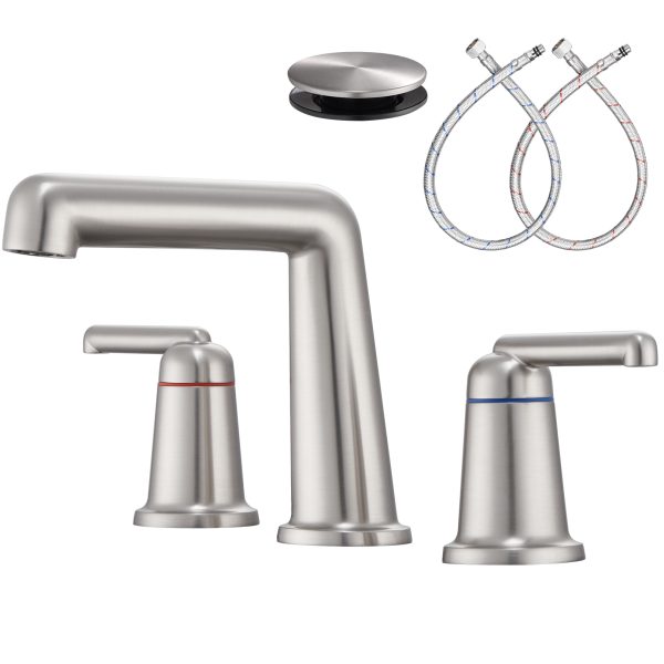 1-1 Wowkk 3 Hole Bathroom Faucet 2 Handle Widespread Bathroom Sink Faucet with Pop up Drain and Supply Lines, Brass Vanity Faucet for Rv Farmhouse Lavatory Restroom Sink, Brushed Nickel