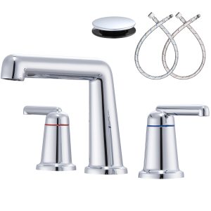 1-1 Wowkk 3 Hole Bathroom Faucet 2 Handle Widespread Bathroom Sink Faucet with Pop up Drain and Supply Lines, Brass Vanity Faucet for Rv Farmhouse Lavatory Restroom Sink, Pulished Chrome