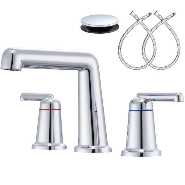 1-1 Wowkk 3 Hole Bathroom Faucet 2 Handle Widespread Bathroom Sink Faucet with Pop up Drain and Supply Lines, Brass Vanity Faucet for Rv Farmhouse Lavatory Restroom Sink, Pulished Chrome