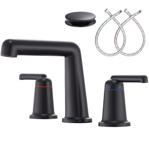 1-1 Wowkk 3 Hole Bathroom Faucet 2 Handle Widespread Bathroom Sink Faucet with Pop up Drain and Supply Lines, Brass Vanity Faucet for Rv Farmhouse Lavatory Restroom Sink, Matte Black