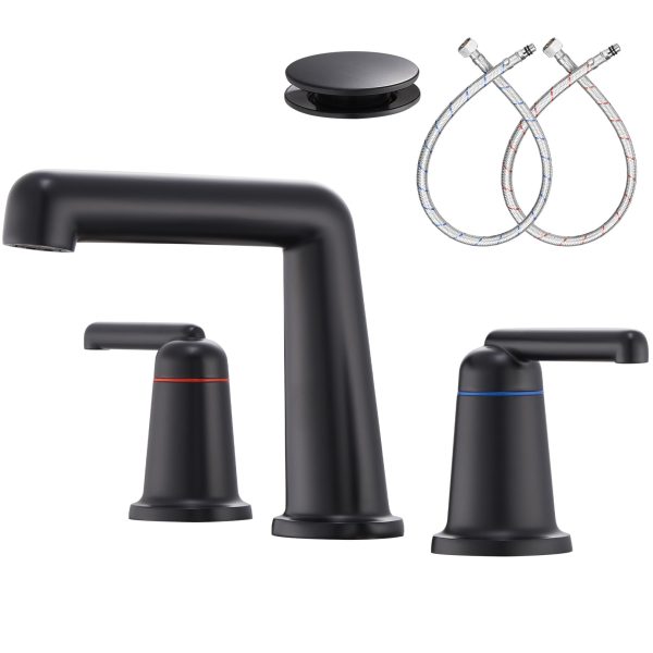 1-1 Wowkk 3 Hole Bathroom Faucet 2 Handle Widespread Bathroom Sink Faucet with Pop up Drain and Supply Lines, Brass Vanity Faucet for Rv Farmhouse Lavatory Restroom Sink, Matte Black