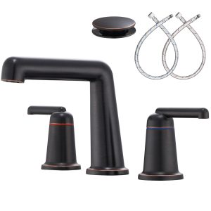 1-1 Wowkk 3 Hole Bathroom Faucet 2 Handle Widespread Bathroom Sink Faucet with Pop up Drain and Supply Lines, Brass Vanity Faucet for Rv Farmhouse Lavatory Restroom Sink, Oil Rubbed Bronze