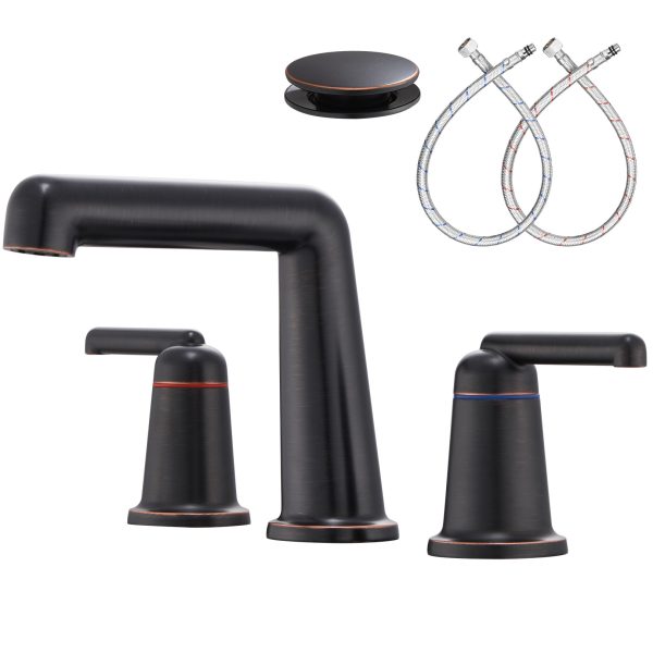 1-1 Wowkk 3 Hole Bathroom Faucet 2 Handle Widespread Bathroom Sink Faucet with Pop up Drain and Supply Lines, Brass Vanity Faucet for Rv Farmhouse Lavatory Restroom Sink, Oil Rubbed Bronze