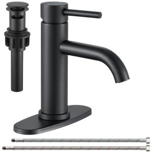 1-1 Wowkk Sanitary Ware Black Bathroom Faucets Stainless Steel Single Handle Bathroom Sink Faucet with Pop up Drain and PEX Encrypted Hose, Modern Bathroom Faucets for Sink 1 or 3 Holes