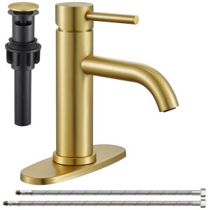 Wowkk Sanitary Ware Bathroom Faucets Stainless Steel Single Handle Bathroom Sink Faucet with Pop up Drain and PEX Encrypted Hose, Modern Bathroom Faucets for Sink 1 or 3 Holes, Brushed Gold
