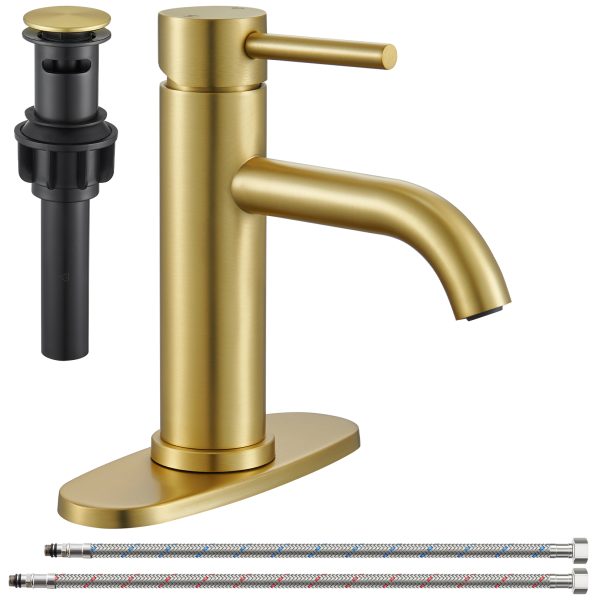 1-1 Wowkk Sanitary Ware Bathroom Faucets Stainless Steel Single Handle Bathroom Sink Faucet with Pop up Drain and PEX Encrypted Hose, Modern Bathroom Faucets for Sink 1 or 3 Holes, Brushed Gold