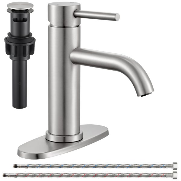 1-1 Wowkk Sanitary Ware Bathroom Faucets Stainless Steel Single Handle Bathroom Sink Faucet with Pop up Drain and PEX Encrypted Hose, Modern Bathroom Faucets for Sink 1 or 3 Holes, Brushed Nickel