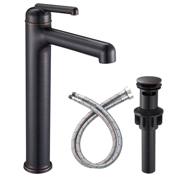 1-1 Wowkk Oil Rubbed Bronze Bathroom Faucets 9.84" High Spout Tall Basin Faucet, Single Handle Bathroom Sink Faucet with Pop Up Drain and Faucet Supply Lines
