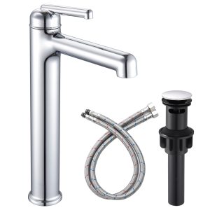 1-1 Wowkk Polished Chrome Bathroom Faucets 9.84" High Spout Tall Basin Faucet, Single Handle Bathroom Sink Faucet with Pop Up Drain and Faucet Supply Lines