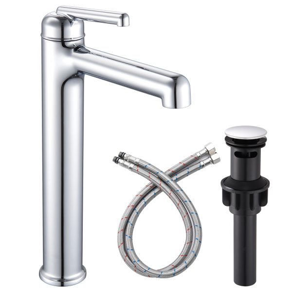 1-1 Wowkk Polished Chrome Bathroom Faucets 9.84" High Spout Tall Basin Faucet, Single Handle Bathroom Sink Faucet with Pop Up Drain and Faucet Supply Lines
