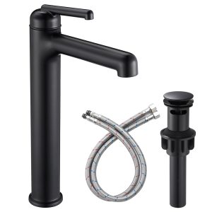 Wowkk Matte Black Bathroom Faucets 9.84" High Spout Tall Basin Faucet, Single Handle Bathroom Sink Faucet with Pop Up Drain and Faucet Supply Lines