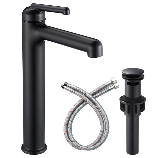 1-1 Wowkk Matte Black Bathroom Faucets 9.84" High Spout Tall Basin Faucet, Single Handle Bathroom Sink Faucet with Pop Up Drain and Faucet Supply Lines