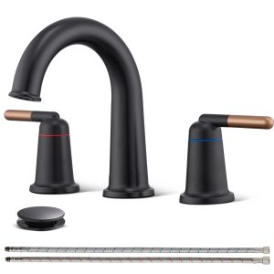 1-1 Wowkk Sanitary Ware Brass Bathroom Sink Faucet 2 Handles Widespread Bathroom Faucet 3 Hole, Pop-Up Drain and cUPC Supply Lines Included, Basin Faucets for Vanity Rv Restroom, Rose Gold Matte Black