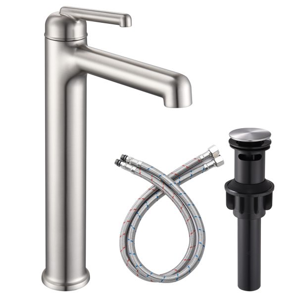 1-1 Wowkk Brushed Nickel Bathroom Faucets 9.84" High Spout Tall Basin Faucet, Single Handle Bathroom Sink Faucet with Pop Up Drain and Faucet Supply Lines