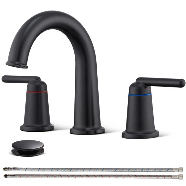 1-1 Wowkk Sanitary Ware Brass Bathroom Sink Faucet 2 Handles Widespread Bathroom Faucet 3 Hole, Pop-Up Drain and cUPC Supply Lines Included, Basin Faucets for Vanity Rv Restroom, Matte Black