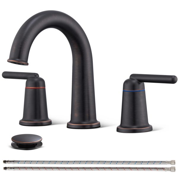 1-1 Wowkk Sanitary Ware Brass Bathroom Sink Faucet 2 Handles Widespread Bathroom Faucet 3 Hole, Pop-Up Drain and cUPC Supply Lines Included, Basin Faucets for Vanity Rv Restroom, Oil Rubbed Bronze