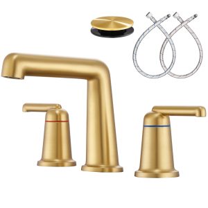 1-1 Wowkk 3 Hole Bathroom Faucet 2 Handle Widespread Bathroom Sink Faucet with Pop up Drain and Supply Lines, Brass Vanity Faucet for Rv Farmhouse Lavatory Restroom Sink, Brushed Gold
