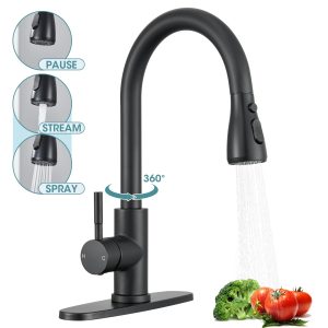 Wowkk Sanitary Ware Kitchen Sink Faucet with Pull Down Sprayer, Single Handle SUS304 Stainless Steel Kitchen Faucets with Deck Plate to Cover 1 or 3 Holes for Bar, Laundry, Matte Black