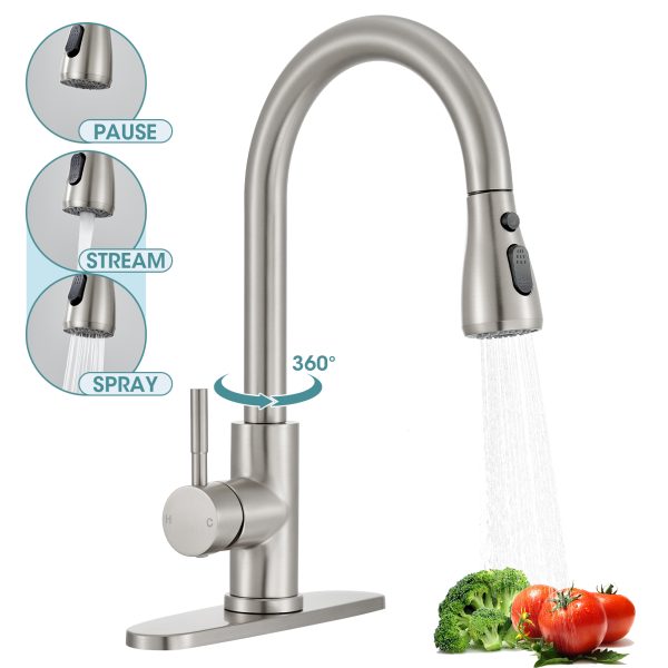 1-2 Wowkk Sanitary Ware Kitchen Sink Faucet with Pull Down Sprayer, Single Handle SUS304 Stainless Steel Kitchen Faucets with Deck Plate, Brushed Nickel