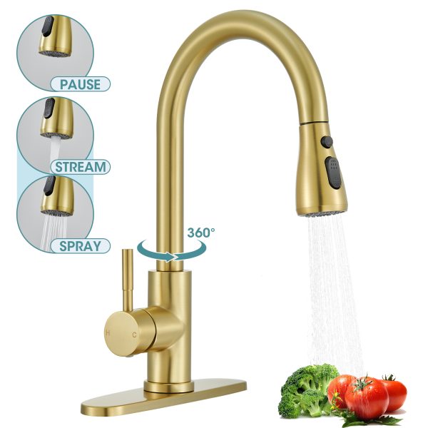 1-2 Wowkk Sanitary Ware Kitchen Sink Faucet with Pull Down Sprayer, Single Handle SUS304 Stainless Steel Kitchen Faucets with Deck Plate to Cover 1 or 3 Holes for Bar, Laundry, Brushed Gold