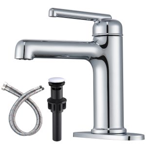 Wowkk Bathroom Sink Faucets Solid Brass Single Handle Bathroom Faucets with Deck Mount 1 Hole or 3 Hole and Supply Line, Straight Spout Vanity Faucet for RV Restroom Hotel, Polished Chrome