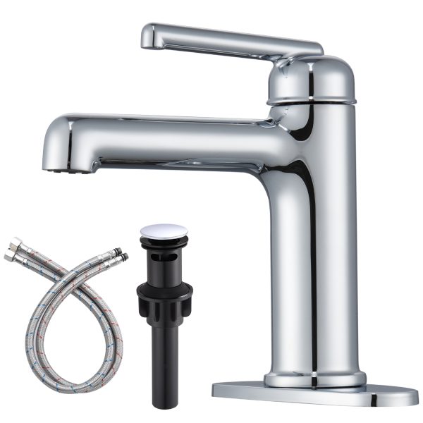 Wowkk Bathroom Sink Faucets Solid Brass Single Handle Bathroom Faucets with Deck Mount 1 Hole or 3 Hole and Supply Line, Straight Spout Vanity Faucet for RV Restroom Hotel, Polished Chrome
