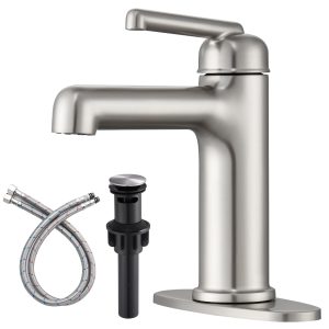 Wowkk Bathroom Sink Faucets Brass Single Handle Bathroom Faucets with Deck Plate 1 Hole or 3 Hole and Supply Hoses, Modern Straight Spout Vanity Faucet for RV Restroom Hotel, Brushed Nickel