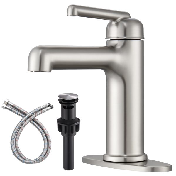 1 Wowkk Bathroom Sink Faucets Brass Single Handle Bathroom Faucets with Deck Plate 1 Hole or 3 Hole and Supply Hoses, Modern Straight Spout Vanity Faucet for RV Restroom Hotel, Brushed Nickel