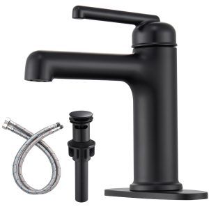 Wowkk Bathroom Sink Faucets Solid Brass Single Handle Bathroom Faucets with Deck Mount 1 Hole or 3 Hole and Supply Line, Straight Spout Vanity Faucet for RV Restroom Hotel, Matte Black