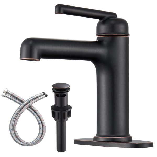 Wowkk Bathroom Sink Faucets Solid Brass Single Handle Bathroom Faucets with Deck Mount 1 Hole or 3 Hole and Supply Line, Straight Spout Vanity Faucet for RV Restroom Hotel, Oil Rubbed Bronze
