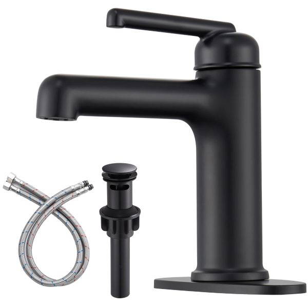 Wowkk Bathroom Sink Faucets Solid Brass Single Handle Bathroom Faucets with Deck Mount 1 Hole or 3 Hole and Supply Line, Straight Spout Vanity Faucet for RV Restroom Hotel, Matte Black