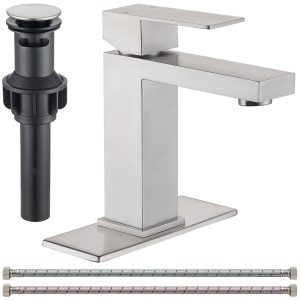 画板 2 Wowkk Sanitary Ware Single Handle Bathroom Sink Faucet Modern SUS304 Stainless Steel Bathroom Faucet with Pop-up Drain and Water Supply Line, Faucets for Bathroom Vanity Sink, Brushed Nickel