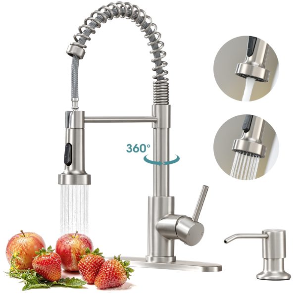 1-2 Wowkk Kitchen Sink Faucets with Pull Down Sprayer and Soap Dispenser, 304 Stainless Steel Single Handle Kitchen Faucet, 2 Water Modes with Deck Plate for Laundry Utility Camper, Brushed Nickel