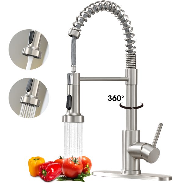 1-3 Wowkk Sanitary Ware 304 Stainless Steel Kitchen Faucet with Pull Out Sprayer, 2 Water Modes Single Handle Kitchen Sink Faucets with Deck Plate for Laundry Bar Patio Sink, Brushed Nickel