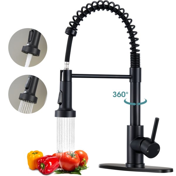 1-3 Wowkk Sanitary Ware 304 Stainless Steel Kitchen Faucet with Pull Out Sprayer, 2 Water Modes Single Handle Kitchen Sink Faucets with Deck Plate for Laundry Bar Patio Sink, Matte Black