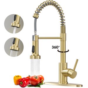 1-3 Wowkk Sanitary Ware 304 Stainless Steel Kitchen Faucet with Pull Out Sprayer, 2 Water Modes Single Handle Kitchen Sink Faucets with Deck Plate for Laundry Bar Patio Sink, Brushed Gold