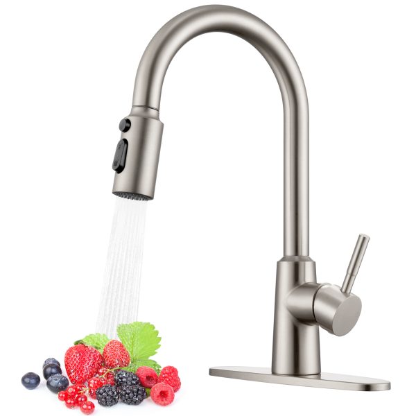 1-3 Wowkk Sanitary Ware 304 Stainless Steel Kitchen Faucet with Pull Down Sprayer, 3 Water Modes, 23.6" Retractable Hose, Single Handle Kitchen Sink Faucet with Deck Plate, Brushed Nickel