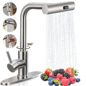 画板 2 Wowkk Sanitary Ware Waterfall Kitchen Faucet with Pull Down Sprayer, 304 Stainless Steel Kitchen Sink Faucet with Deck Plate & Supply Lines, 3 Modes Sprayer Faucets for Kitchen Farmhouse Bar Sink