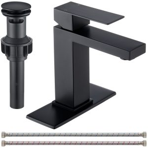 画板 2 Wowkk Sanitary Ware Single Handle Bathroom Sink Faucet Modern SUS304 Stainless Steel Bathroom Faucet with Pop-up Drain and Water Supply Line, Faucets for Bathroom Vanity Sink, Matte Black