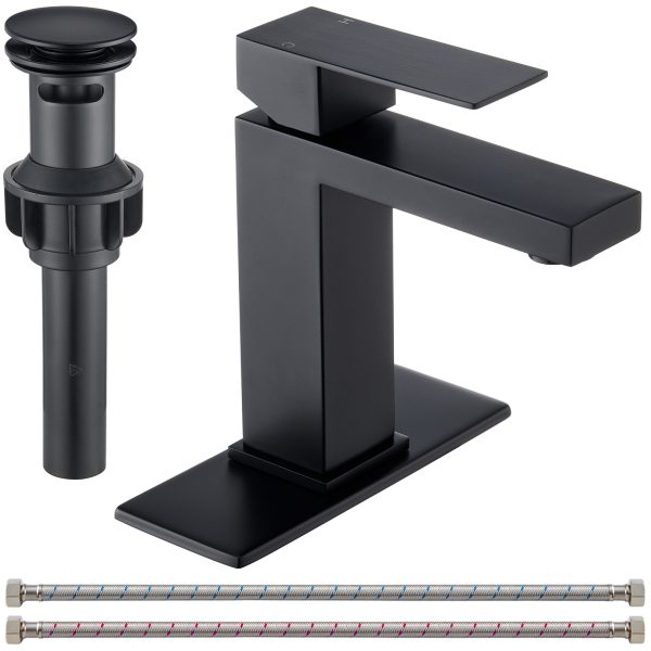 Wowkk Sanitary Ware Single Handle Bathroom Sink Faucet Modern SUS304 Stainless Steel Bathroom Faucet with Pop-up Drain and Water Supply Line, Faucets for Bathroom Vanity Sink, Matte Black