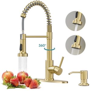 1-2 Wowkk Kitchen Sink Faucets with Pull Down Sprayer and Soap Dispenser, 304 Stainless Steel Single Handle Kitchen Faucet, 2 Water Modes with Deck Plate for Laundry Utility Camper, Brushed Gold